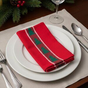 Vintage 80s Tag Textiles Red Christmas Tree 2 Napkins Embroidered Cloth Holiday